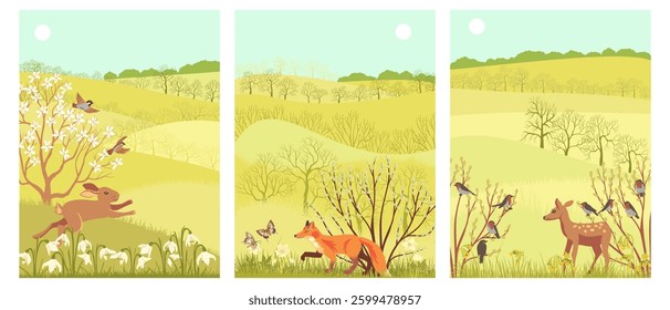 vector drawing set of cards with spring landscapes birds, animals, flowers, sun and trees, hand drawn illustration