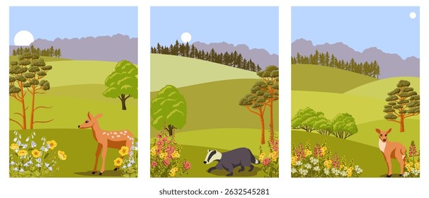 Conjunto de tarjetas de dibujo de Vector con paisaje de verano con flores, animales, sol y árboles, ilustración dibujada a mano