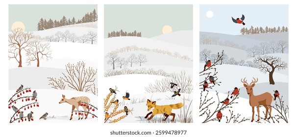 vector drawing set of cards with winter landscapes with birds, animals, snow, sun and trees, hand drawn illustration