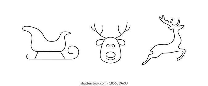 Vector drawing of a set of Christmas symbols of Christmas deer, Santa sleigh with lines on a light background.