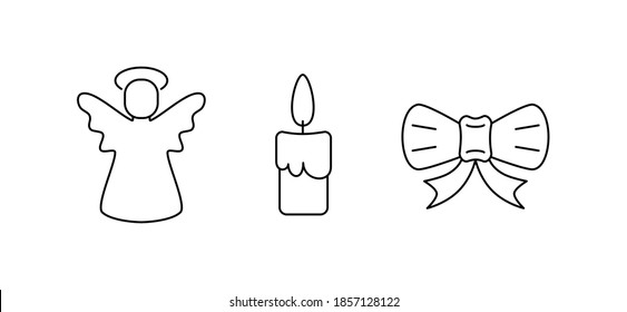 Vector drawing set Christmas symbols and Christmas angel  candle   festive bow and lines light background 
