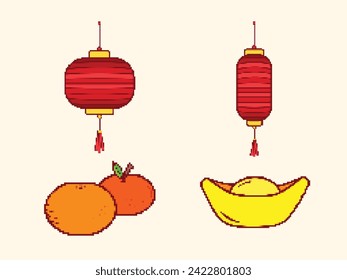 Vector drawing set collection group of pixel bit retro game chinese new year styled illustration. Simple flat cartoon art styled game element drawing isolated on horizontal yellow background.