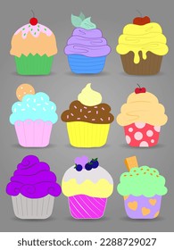 Vector drawing Set of colorful muffins