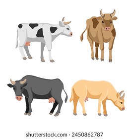 vector drawing set of cows, farm animals isolated at white background, hand drawn illustration