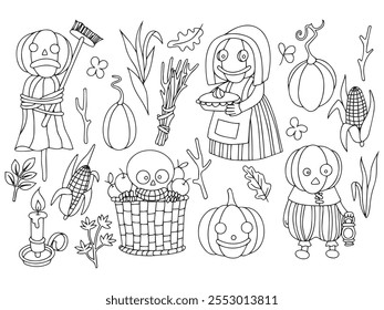 Vector drawing. Set of cute characters and elements for Halloween. Coloring book in vintage style