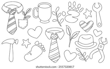 Vector drawing, set of cute elements for father's day. Cute coloring book