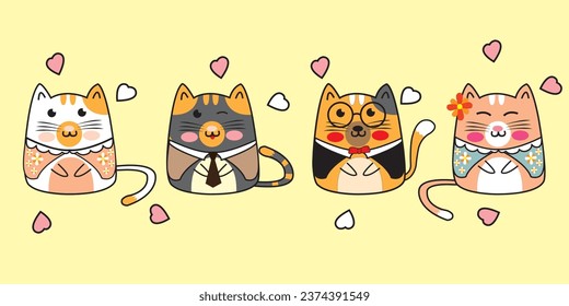 Vector drawing set The cutest little cats Comes with cute clothes Floral pattern and suit