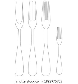 Vector drawing of a set of cutlery forks. In black and white on a white isolated background. 