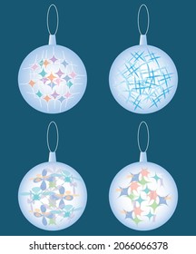 Dibujo vectorial de conjuntos de bolas de navidad decorativas con delicados ornamentos abstractos