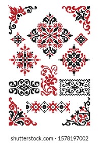 Vector drawing - set of decorative elements for design in the form of Slavic ethnic patterns for embroidery