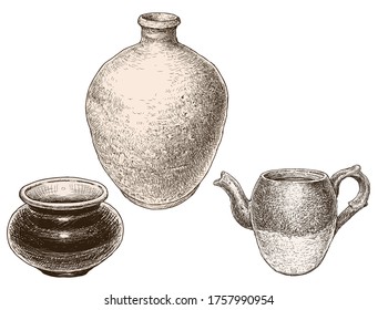 Vector drawing set of different ceramic kitchen utensils