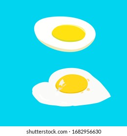 Vector drawing set of eggs, different way of eating, fried, boiled, raw, flat, cartoon, on a blue background.