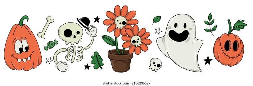 vector drawing. set of elements for the holiday of halloween in the style of cartoons 30s. cute halloween pumpkins, ghost, skeleton. retro