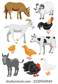 Conjunto de dibujo de Vector de animales de granja y aves, ganado y aves de corral aislados en el fondo blanco, ilustración dibujada a mano