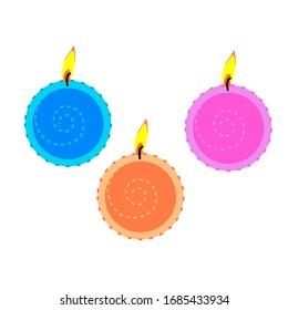 Vector drawing of a set of flat festive burning candles on a white isolated background. Cartoon for holidays, birthdays, cards, decorations.