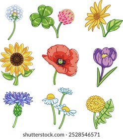 Vektorgrafik-Satz von Blumen einzeln auf weißem Hintergrund.
