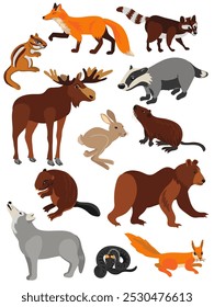 vector drawing set of forest animals, isolated at white background , cartoon style characters