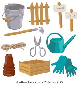 vector drawing set of garden objects, metal bucket, gloves, pots, wooden box, wooden fence, scissors, watering can, isolated at white background, hand drawn illustration