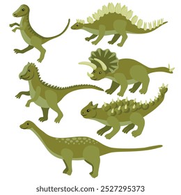 vector drawing set of green dinosaurs, cartoon elements isolated at white background, hand drawn illustration