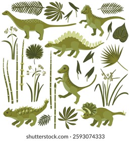 vector drawing set of green dinosaurs, plants and leaves, cartoon elements isolated at white background, hand drawn illustration