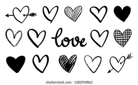 Vector drawing set of hearts with the word love. Perfect for postcard, poster, patterns and decorations for Valentine's Day.
