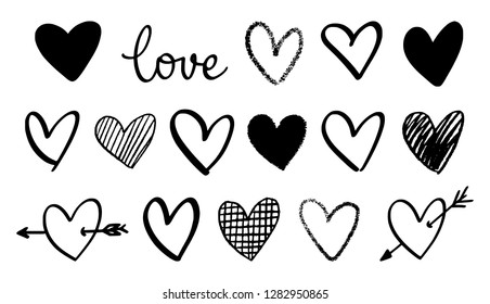 Vector drawing set of hearts with the word love. Perfect for postcard, poster, patterns and decorations for Valentine's Day.