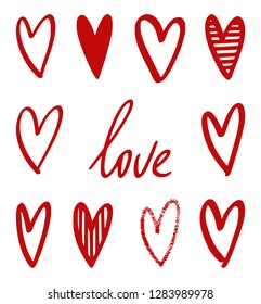 Vector drawing set of hearts with the word love. Perfect for postcard, poster, patterns and decorations for Valentine's Day.