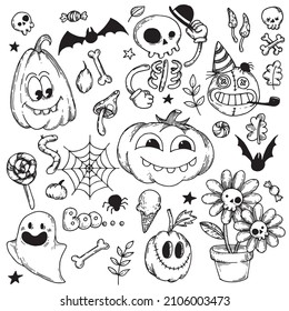 vector drawing. set of illustrations on the theme of halloween in the style of 30s cartoons. black and white graphics, funny pictures of skeleton, pumpkins, ghosts and candies