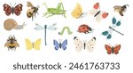 vector drawing set of insects, butterflies, dragonflies, bee, caterpillar and grasshopper isolated at white background, hand drawn illustration
