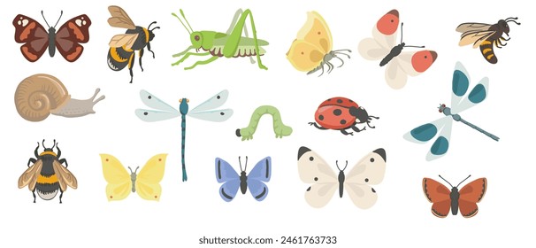 vector drawing set of insects, butterflies, dragonflies, bee, caterpillar and grasshopper isolated at white background, hand drawn illustration