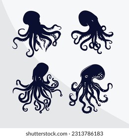 Vector drawing of a set of octopuses silhouette