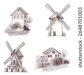 vector drawing set of sketch of watermills and windmills, vintage element, hand drawn illustration