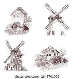 vector drawing set of sketch of watermills and windmills, vintage element, hand drawn illustration