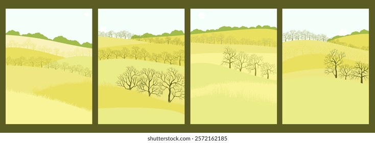 vector drawing set of spring landscapes with green grass, sun and trees, hand drawn illustration