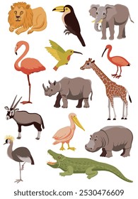 vector drawing set of tropical animals and birds isolated at white background, hand drawn illustration