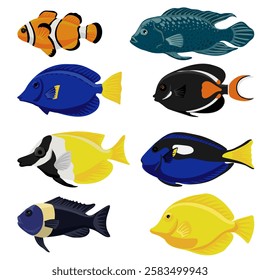 vector drawing set of tropical fishes isolated at white background, hand drawn illustration