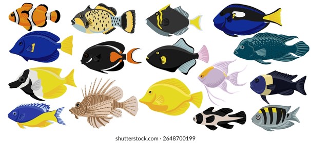 vector drawing set of tropical fishes isolated at white background, hand drawn illustration