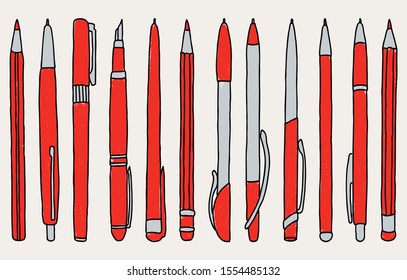 Vector drawing of set of various drawn pens and pencils