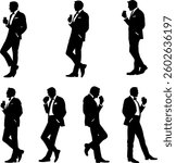 A vector drawing of seven secret agents drinking beverages on a white background.