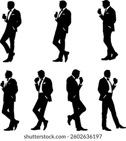 A vector drawing of seven secret agents drinking beverages on a white background.