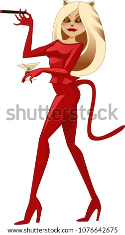 Vector drawing of sexy red cat woman with cigar and martine