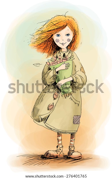 バラの花束を持つみすぼらしい服を着た赤毛の女の子を描くベクター画像 のベクター画像素材 ロイヤリティフリー
