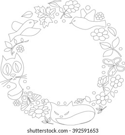 vector drawing in the shape of a circle, a set of flat birds, butterflies and flowers, with black lines on a white background, around the empty circle in the center with a place for an inscription