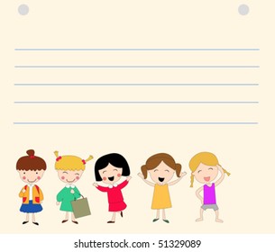 Vector drawing, sheet of paper, note paper with five kids.