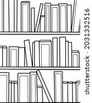 Vector drawing of shelves with many books.  Simple coloring page, lineart