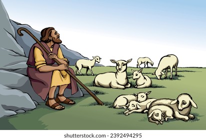 Vector drawing. Shepherd with sheep