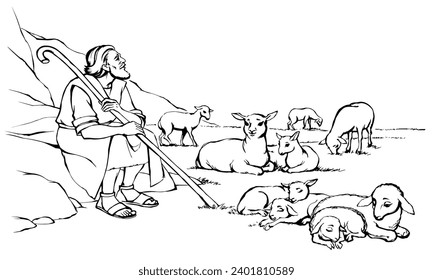 Vector drawing. Shepherd with sheep