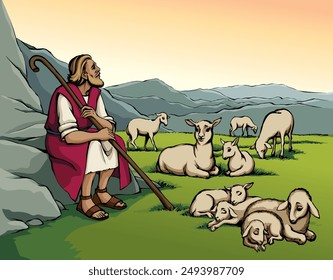 Vector drawing. Shepherd with sheep