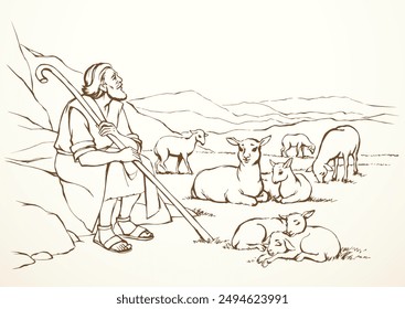 Vector drawing. Shepherd with sheep