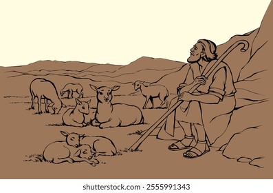 Vector drawing. Shepherd with sheep